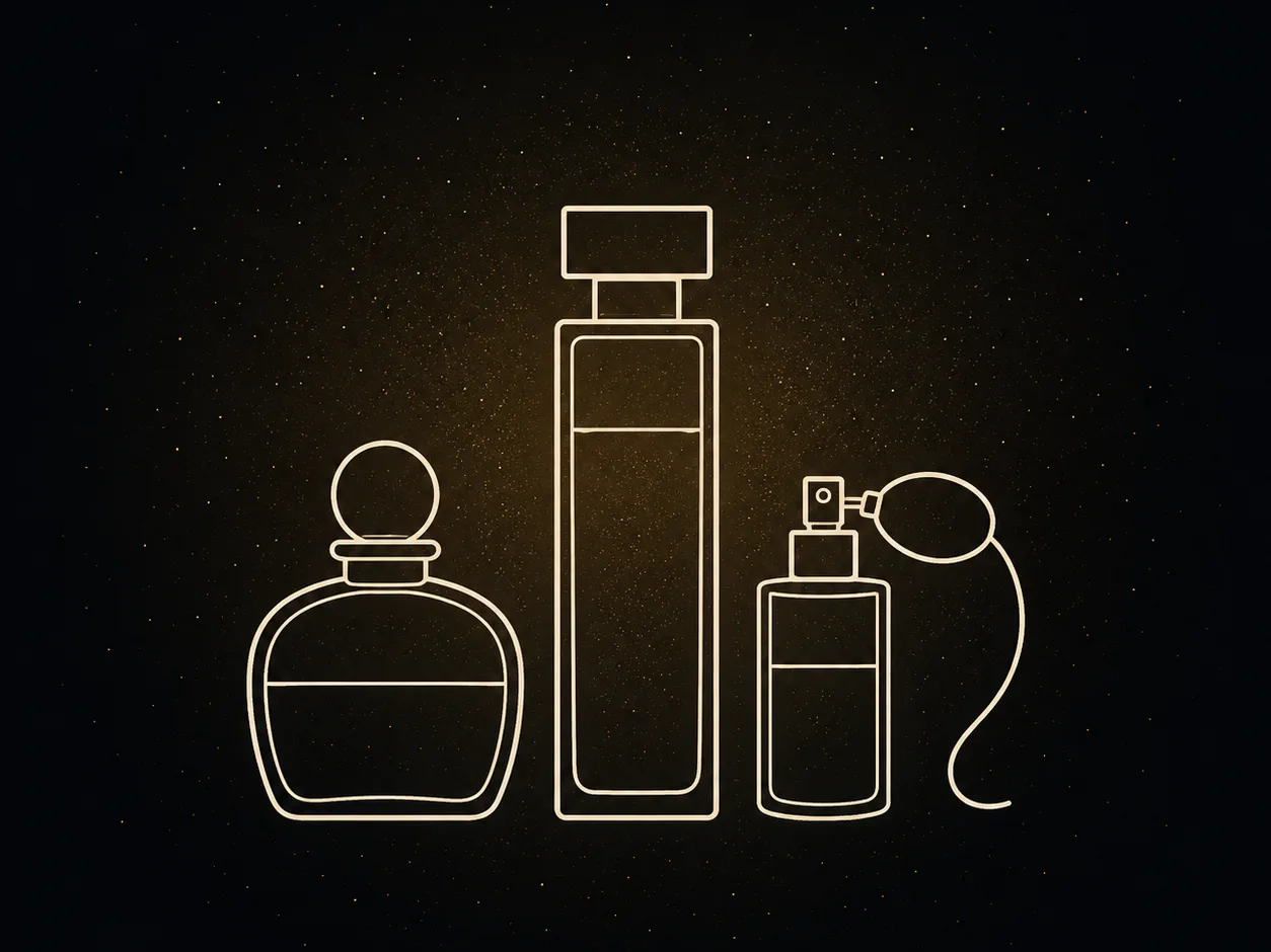 Ilustración de tres frascos de perfume de distintas formas
