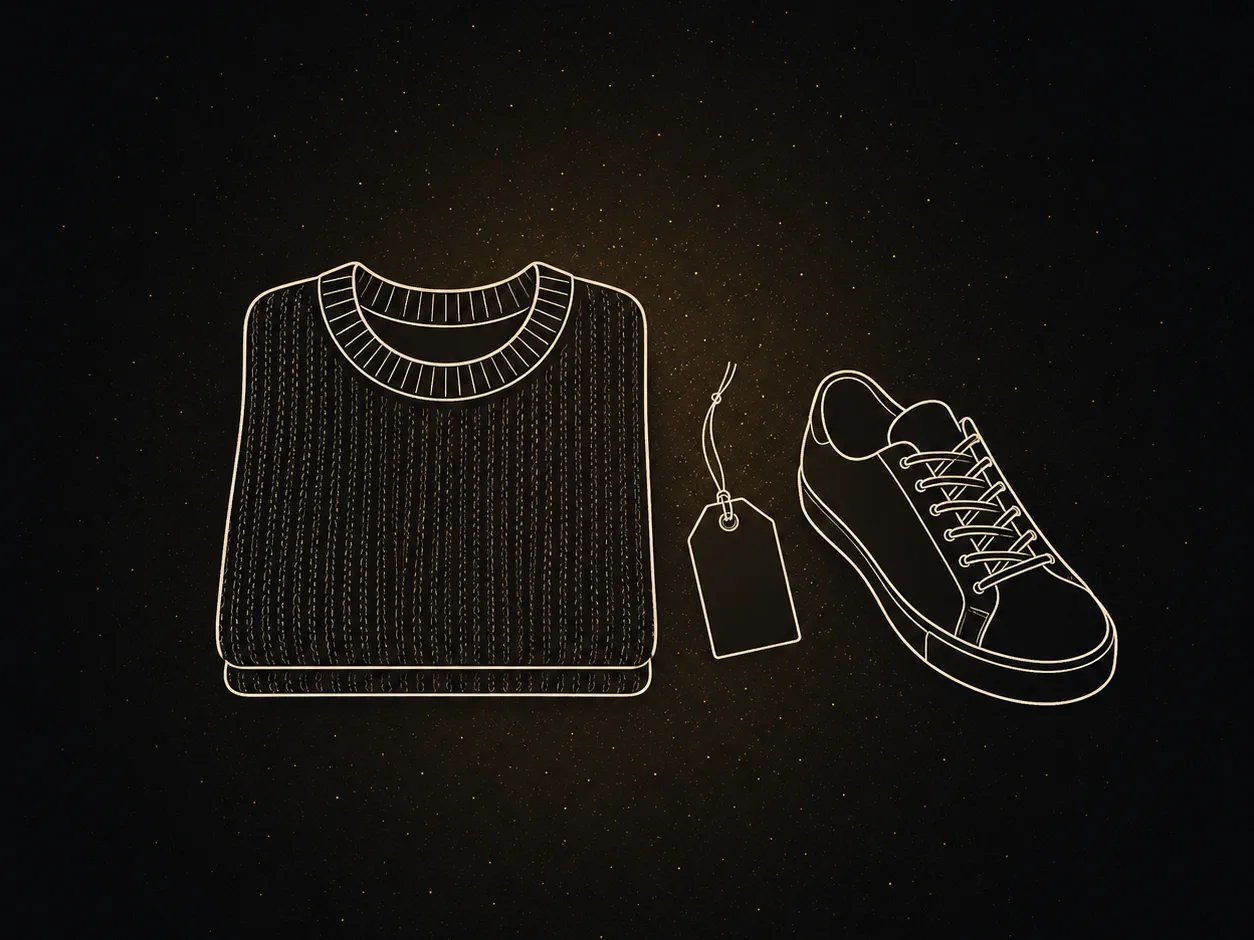 Ilustración de un jersey doblado, una etiqueta de precio y una zapatilla